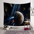 Detailed starry space tapestry with giant planets and comets on a white brick wall - Comet Trail Planet (Style-8)