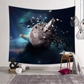 Starry universe tapestry featuring realistic planets and meteorites on white brick wall - Green Planet Meteor Belt (Style-6)
