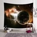 Detailed view of starry galaxy wall tapestry hanging in a cozy modern room setting - Orange Nebula Terrestrial Planet (Style-5)