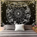 Black and white zodiac wheel tapestry with sun center and warm string lights - 95x73cm (Brushed) / Zodiac Signs Wheel (Style-12)