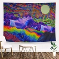 Bohemian kleurrijk wandkleed met psychedelische bergen en zon aan een witte kamerwand - 95x73cm / Psychedelische bergen en zon (Stijl-11)