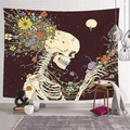 Skeleton and floral tapestry with celestial moon design on white brick wall background - Floral Starry Night Skull (Style-2) / 95x73cm