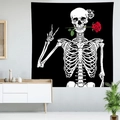 Gothic skull wall tapestry with red rose in hand on modern home interior background - Skull with Rose in Mouth (Style-6)
