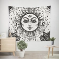 Detail of sun and moon tapestry with celestial patterns on a modern white wall - B&W Tarot Mandala (款式-20)