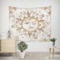 Detail of bohemian sun and moon tapestry hanging above minimalist home decor - Brown Sun Moon Totem (款式-5)