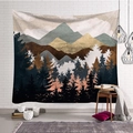 Tapisserie nordique abstraite avec montagnes et forêt dorées sur mur de briques blanc - Style 10
