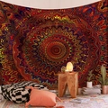 Detailed view of large mandala tapestry hung as a bohemian style wall decoration - Psychedelic Warm Mandala (Style-13)