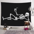 Skull skeleton digital print wall tapestry in black and white minimalist boho style - Relaxing Skull with Drink (Style-1) / 95x73cm