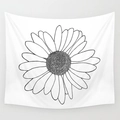 Detailed view of modern white tapestry with minimalist black and white daisy floral pattern - 95x73cm (Brushed) / Minimalist White Daisy (Style-4)