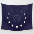 Modern moon phase tapestry with geometric lunar cycle cycle on deep blue fabric background - Deep Blue Moon Cycle (Style-6)