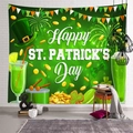 Green St. Patrick's Day tapestry with clover and gold coins on a white brick wall - Emerald Green Festive (Style-5)