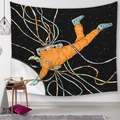 Close-up of astronaut tapestry with colorful cables on a white brick wall decor - Orange Astronaut and Colored Cables (Style-6)