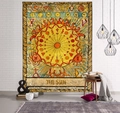 The Sun Tarot tapestry hanging on a white brick wall in a cozy modern home interior setting - 95x73cm / The Sun Style
