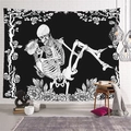 Skull and rose digital print tapestry in black and white gothic hug style wall hanging - Kissing Skeletons (Style-3) / 95x73cm