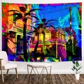 Kleurrijk Pop Art wandtapijt met stedelijk straatbeeld en palmen voor aan de muur - 95x73cm / Pop stadsgezicht (Stijl-17)