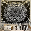 Floral mandala sunflower tapestry with string lights in a cozy black and white bedroom - 95x73cm (Brushed) / Sunflower Mandala (Style-14)