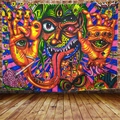 Nordic psychedelic wall tapestry with surreal multi-eyed patterns on a red brick wall - Style 6