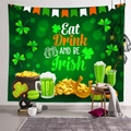 St. Patrick's Day tapestry with Eat Drink AND BE Irish slogan and green shamrocks - Lime Green Toast (Style-7)