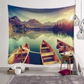 Scenic mountain lake landscape tapestry with wooden boats for home wall decoration - Alpine Lake Wooden Boat (Style 6)