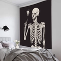 Minimalist black and white skull tapestry featuring a skeleton with a light bulb idea - Skeleton with Lightbulb Inspiration (Style-8)