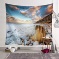 Detail of beach sunrise tapestry hanging on white brick wall with warm home decor - Reef Waves Sunset (Style-5)