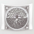 Modern minimalist wall tapestry featuring black and white Tree of Life and sun moon patterns - Mystical Tree of Life (Style-5)