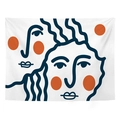 Nordic abstract tapestry featuring blue line art faces and orange dots on white fabric - 95x73cm (Peach Skin) / Blue Orange Abstract Line Art Face (Style-8)