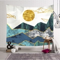 Tapisserie nordique montagne bleue avec lune géométrique dorée pour décor de chambre - Style 18