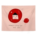 Detail of pink wall tapestry with red house graphics and Sending a Little Luck text - 95x73cm (Peach Skin) / Pink House Planet Blessing (SENDING A LITTLE LUCK YOUR WAY...)