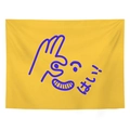 Detail of modern yellow tapestry with blue hand gesture print and Japanese text embroidery - 95x73cm (Peach Skin) / Yellow Smile OK Hand (はい!)