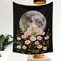 Black floral moon phase tapestry with pink cherry blossoms for living room wall decor - Grey Full Moon with Pink Cherry Blossoms (Style-7)