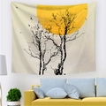 Minimalist sunrise landscape wall tapestry featuring bird and tree silhouettes for decor - Withered Tree, Flying Birds & Yellow Moon (Style-9)