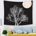 Detail of sunrise landscape wall tapestry featuring a zen black and white tree and moon design - Zen Black and White Withered Tree (Style-7)