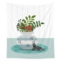Detail of digital print illustration featuring a cat and vase on a fabric tapestry - Black Cat and Green Plant in White Bottle (Style-6)