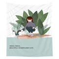 Minimalist Nordic style tapestry with girl and cat illustration in lush green plants - Girl Petting Cat (-7)
