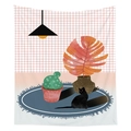 Modern Nordic wall tapestry featuring black cat and cactus illustration on grid background - 95x73cm / Black Cat Cactus Ceramic Pot (Style-3)