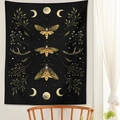 Black bohemian moon phase tapestry featuring moth and skull patterns for wall decor - Moths with Skulls and Moon (Style 9)