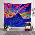 Large psychedelic tapestry with purple mountains and golden sun on a white brick wall - 95x73cm / Style 4