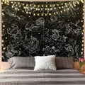 Black and white zodiac star map tapestry with decorative warm string lights in a bedroom - 95x73cm / Nordic Star Map (Style-21)