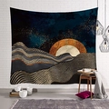 Tapisserie nordique avec soleil orange et montagnes bleues pour décoration de chambre - Modèle 2