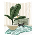 Nordic wall tapestry with hand-drawn black cat and green plants on beige stripes - Walking Black Cat Vintage Cabinet (Style-5)