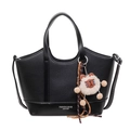 Black lychee pattern bucket bag with double handles and a cute plush charm accessory - With Pendant / Black