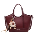 Litchi texture wine red bucket bag with plush pendant and adjustable shoulder strap - With Pendant / Burgundy