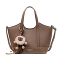 Dark brown lychee pattern bucket bag with double handles and cute plush bear charm - With Pendant / Khaki