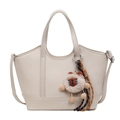 Schicke beige Beuteltasche mit Litschi-Muster, Plüsch-Anhänger und Schultergurt - Mit Anhänger / Beige