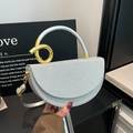 Silver sequin crescent handbag with golden metal handle and long crossbody strap - Silver