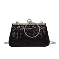 Pochette de soirée chic en paillettes noires avec poignée anneau argentée et bandoulière - Noir
