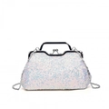 Borsa da sera con paillettes bianche, manico in metallo argento e tracolla a catena - Bianco