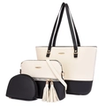 Ensemble de trois sacs pour femmes en similicuir saffiano beige et noir avec glands - Blanc et Noir