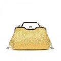 Elegante borsa da sera con paillettes dorate, manico argento e tracolla a catena - Giallo